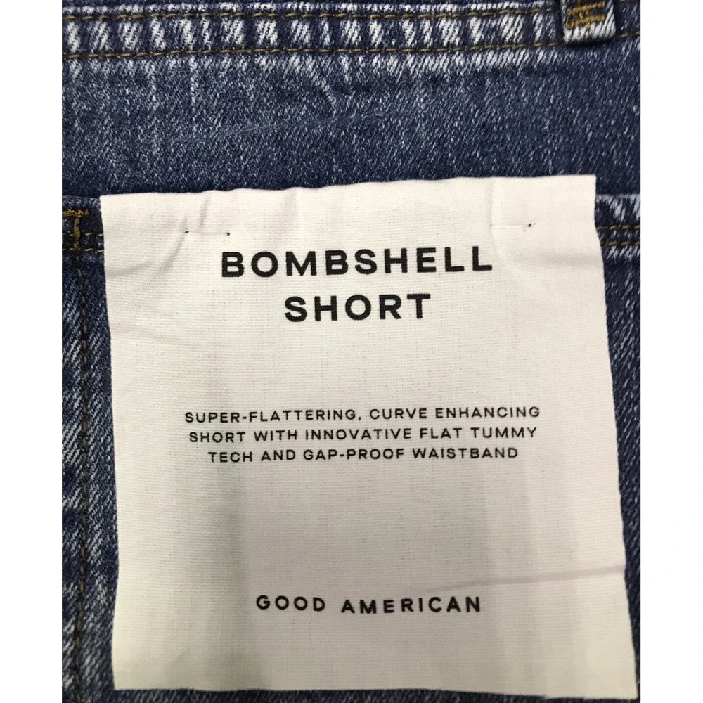 Good American bombshell cutoff denim shorts blue distressed high waisted Sz 0/25